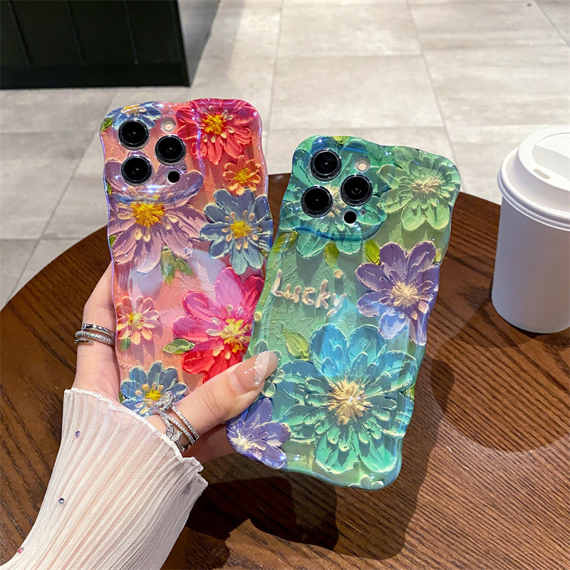 Phone Cases Art - Retro Blauw Licht Olieverfschilderij Bloemen Golvend